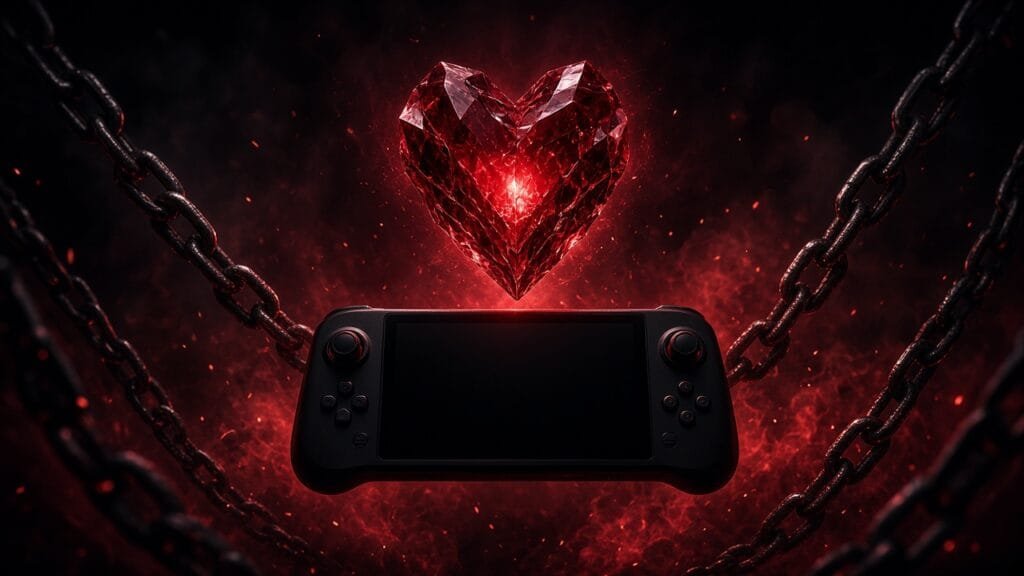 Moody 16:9 thumbnail of a glowing red soulstone hovering over a dark handheld console silhouette amid chains and embers, no text or logos.