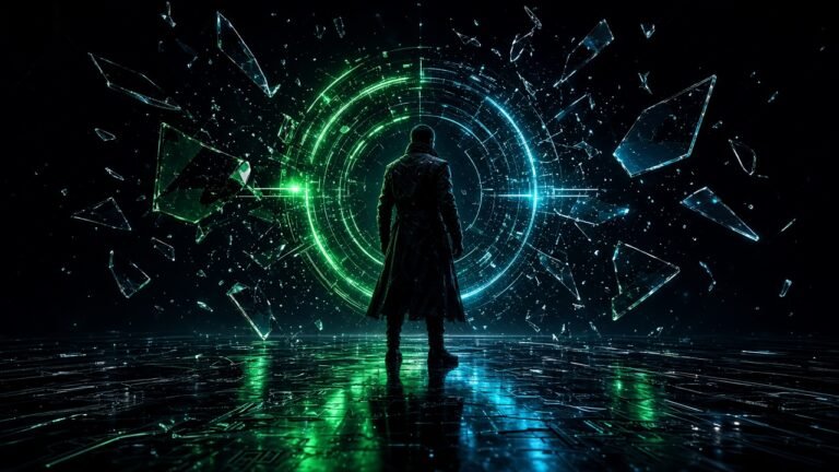Moody 16:9 thumbnail of a silhouetted spy figure framed by green holographic HUD rings and shattered glass shards on a dark metallic floor, no text or logos.
