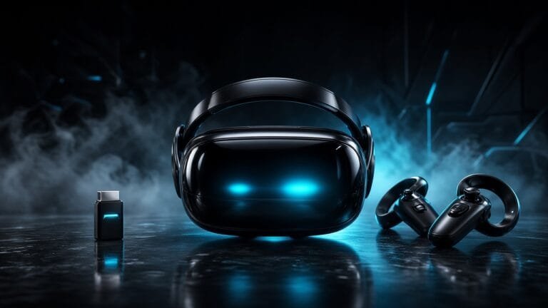 Moody 16:9 thumbnail of a dark standalone VR headset silhouette with steam-like vapor and cool blue-green HUD glow on a metallic floor, no text or logos.