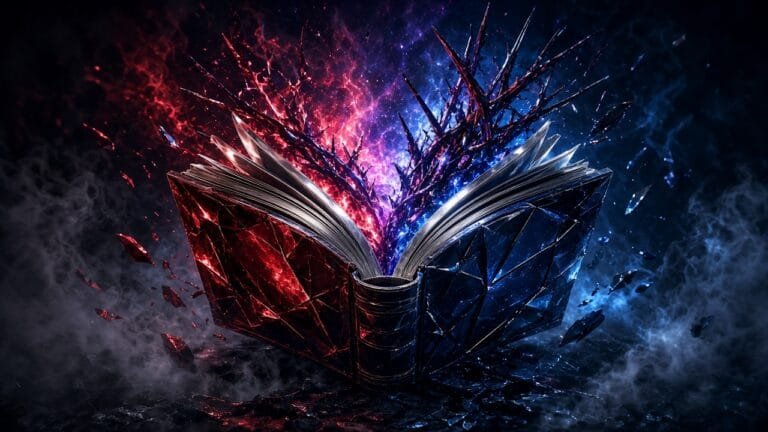 Moody 16:9 RCG comics thumbnail of a glowing hardcover cracking into cosmic nebula and horror thorns with metallic red-navy shards, no text or logos.