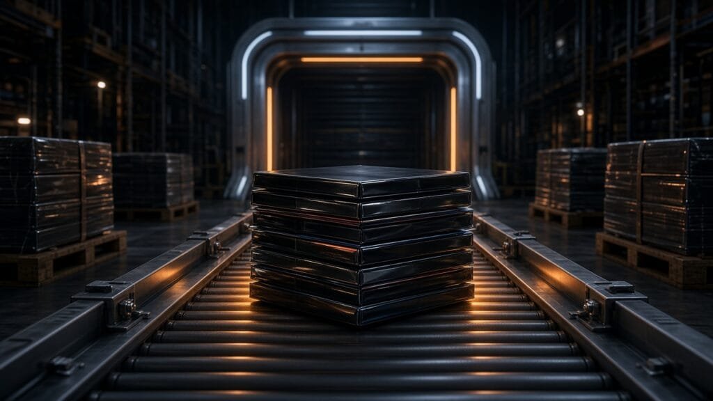 Moody 16:9 thumbnail of glossy blank comic stacks on a warehouse pallet amid shipping crates and soft amber spotlight haze, no text or logos.