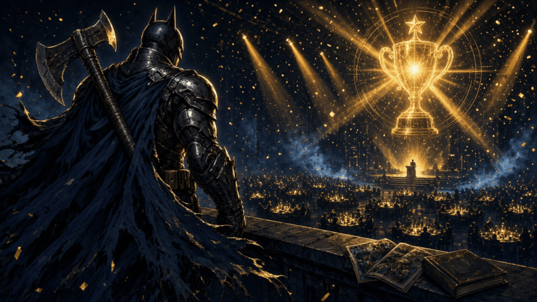 Seen from behind, a hulking armored caped vigilante with a pointed-ear cowl and an axe on his back looks down from a balcony over a candlelit comics awards ballroom, with gold spotlights, confetti and a glowing gold trophy hologram.