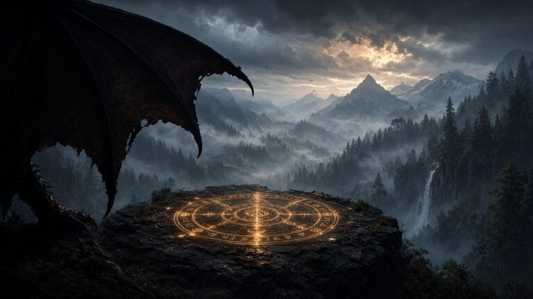 Fantasy survival launch thumbnail with a dragon silhouette and runic glow over a crafting-adventure landscape, no logos or text