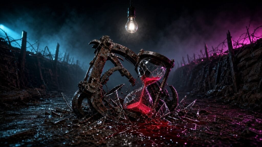Moody 16:9 RCG gaming thumbnail of a rusted trap gear and shattered hourglass under a bare bulb in trench fog with cyan-magenta rim light, no text or logos.