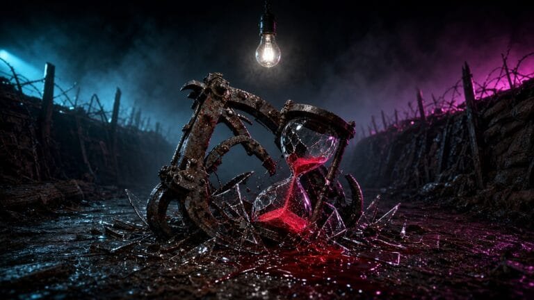 Moody 16:9 RCG gaming thumbnail of a rusted trap gear and shattered hourglass under a bare bulb in trench fog with cyan-magenta rim light, no text or logos.