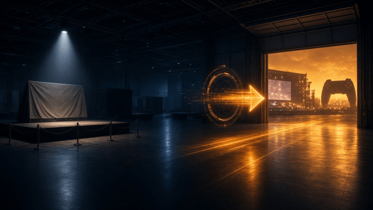 A dark, empty convention hall with a lone spotlight on a roped-off bare stage, as a glowing arrow and streams of gold light lead out open doors to a warm skyline of a cinema screen, a concert stage and a giant game controller.