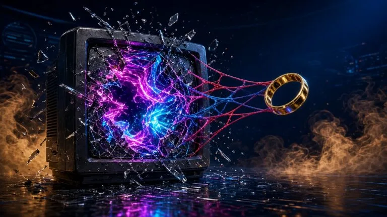 Moody 16:9 RCG comic thumbnail of a shattered CRT spilling dimensional warp around an empty wedding ring and spider-web strands with magenta cyan smoke, no text or logos.