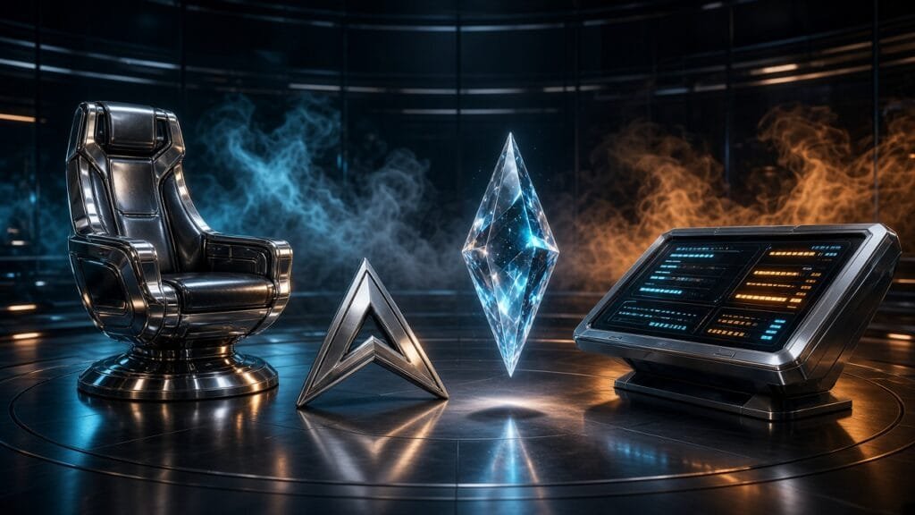 Moody 16:9 RCG comics thumbnail of a glossy chrome starship conn chair and blank LCARS console with a metallic delta-chevron prop in cyan amber bridge smoke, no text or logos.