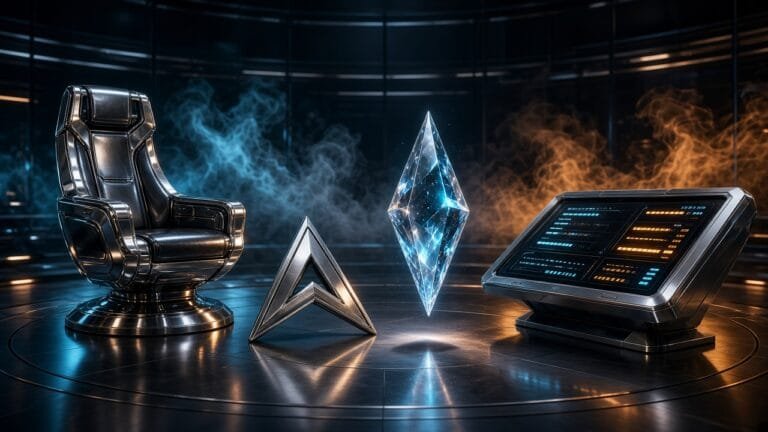 Moody 16:9 RCG comics thumbnail of a glossy chrome starship conn chair and blank LCARS console with a metallic delta-chevron prop in cyan amber bridge smoke, no text or logos.