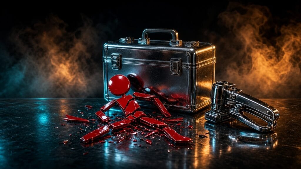 Moody 16:9 RCG gaming thumbnail of a glossy red stick-figure cutout shattered against a chrome briefcase and stapler-gun prop on dark glass with cyan amber smoke, no text or logos.