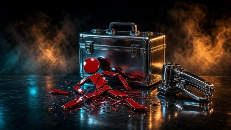 Moody 16:9 RCG gaming thumbnail of a glossy red stick-figure cutout shattered against a chrome briefcase and stapler-gun prop on dark glass with cyan amber smoke, no text or logos.