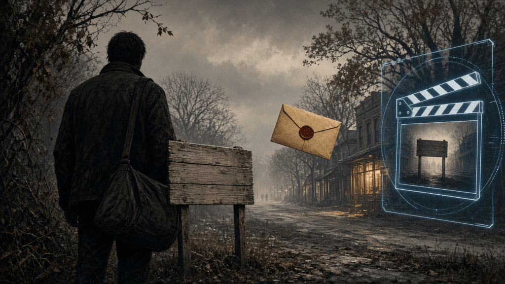 A faceless man with a duffel bag stands at a blank wooden town welcome sign on a foggy Main Street, with a wax-sealed letter floating and a holographic film clapper nearby.