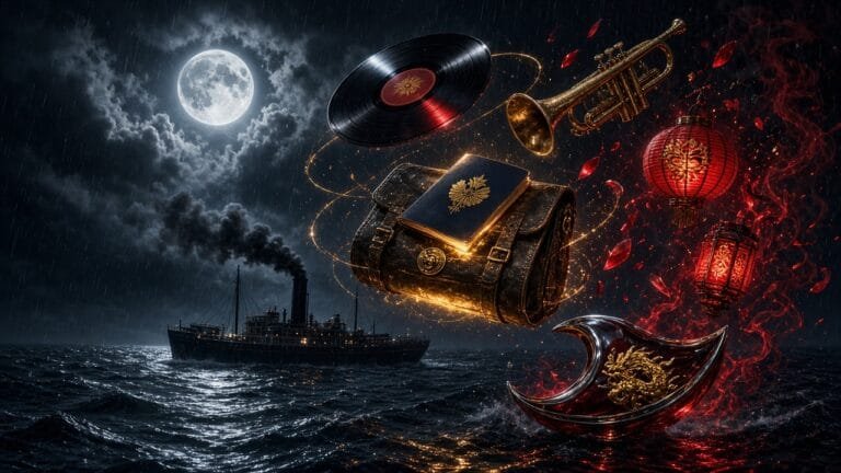 Moody 16:9 RCG gaming thumbnail of a neon-lit steamship and floating jazz-record motifs over a Pacific night with crimson lantern glow, no text or logos.