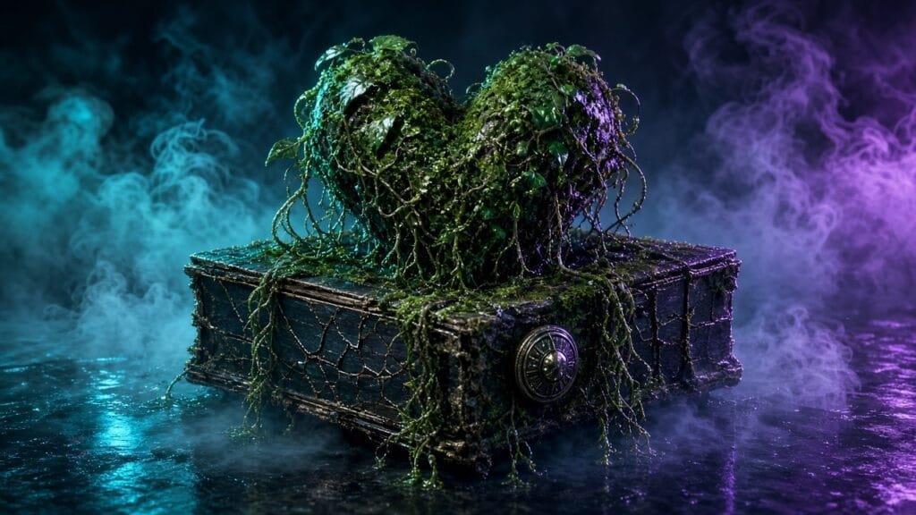 Moody 16:9 RCG comics thumbnail of a moss-crusted emerald botanical heart, vine-wrapped slipcase silhouette, and trench-coat button medallion in swamp fog cyan violet smoke, no text or logos.