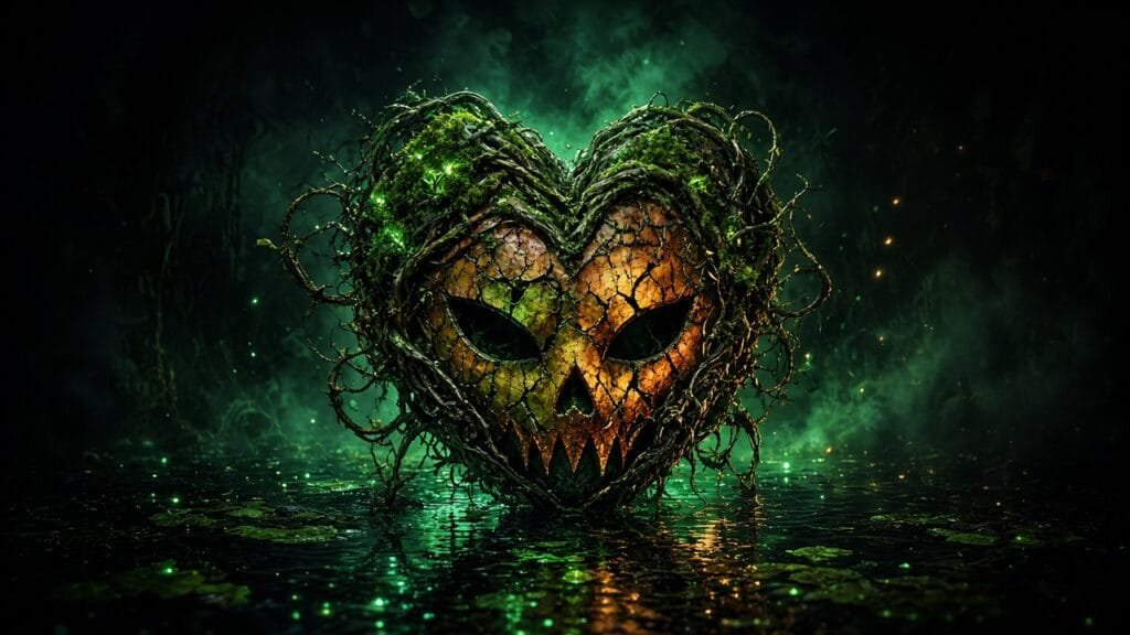 Moody 16:9 RCG comics thumbnail of a moss-covered vine heart fused with a cracked monster-mask medallion over black swamp water with emerald amber smoke, no text or logos.