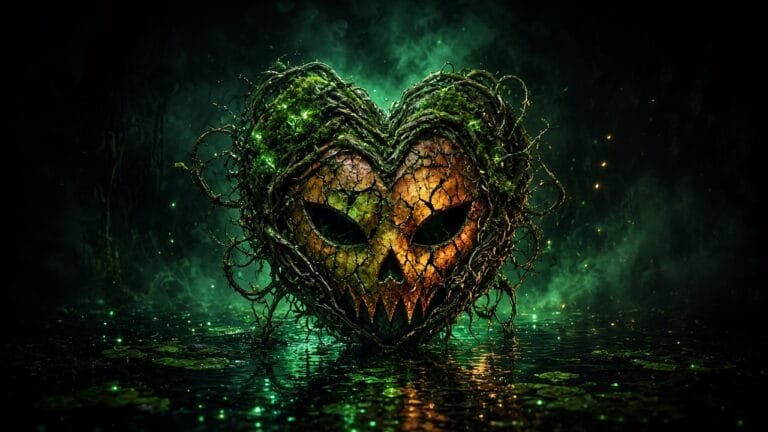 Moody 16:9 RCG comics thumbnail of a moss-covered vine heart fused with a cracked monster-mask medallion over black swamp water with emerald amber smoke, no text or logos.
