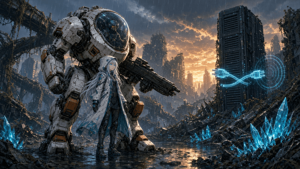 A white-and-orange walker mech with a pilot in its glass cockpit stands beside a hooded android companion in rainy, crystal-strewn ruins, as a dark server tower powers down behind an unplugged cable hologram at sunrise.