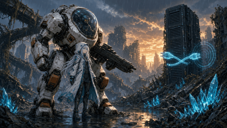 A white-and-orange walker mech with a pilot in its glass cockpit stands beside a hooded android companion in rainy, crystal-strewn ruins, as a dark server tower powers down behind an unplugged cable hologram at sunrise.