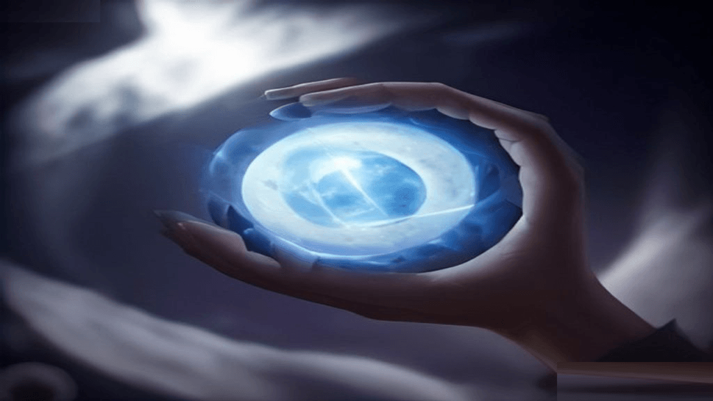 Moody 16:9 RCG gaming thumbnail of a glossy metallic spear through a hollow twin-sphere Earth orb over chrome and teal smoke, no text or logos.