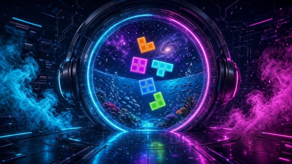 Moody 16:9 RCG gaming thumbnail of neon Tetromino blocks cascading through a mixed-reality room portal into aquarium and starfield with cyan magenta smoke, no text or logos.