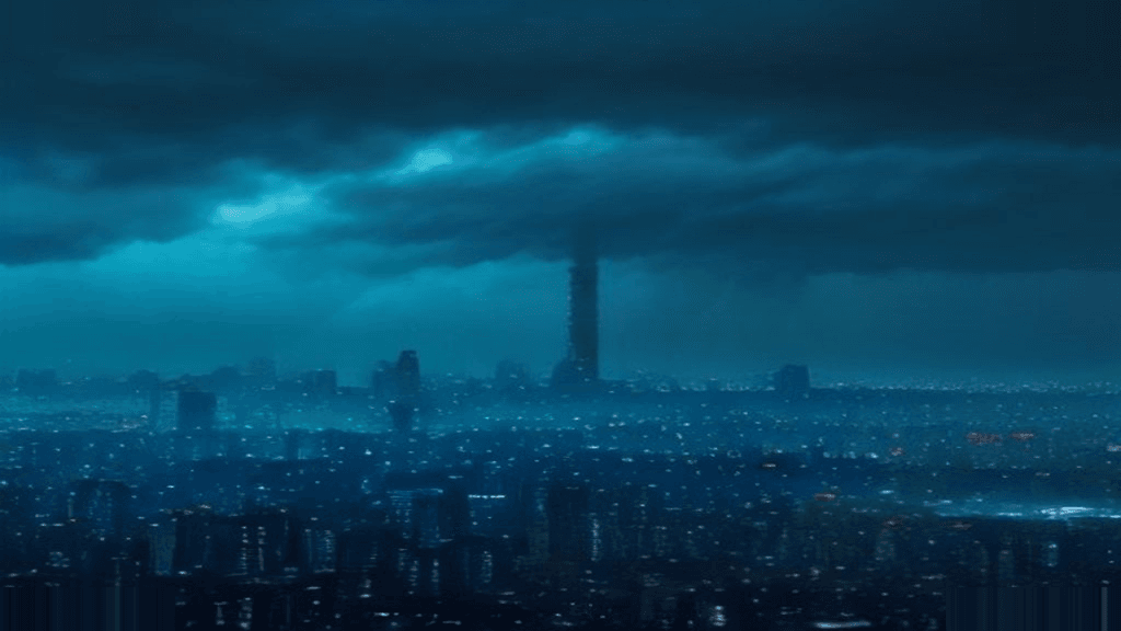 Moody 16:9 RCG gaming thumbnail of a glossy chrome Tokyo skyline silhouette under storm-lit cyan amber typhoon clouds with rain-slick Makuhari glass reflections, no text or logos.