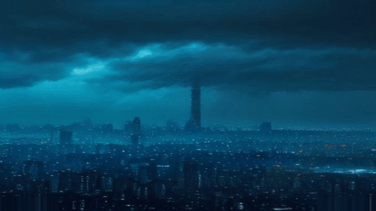 Moody 16:9 RCG gaming thumbnail of a glossy chrome Tokyo skyline silhouette under storm-lit cyan amber typhoon clouds with rain-slick Makuhari glass reflections, no text or logos.