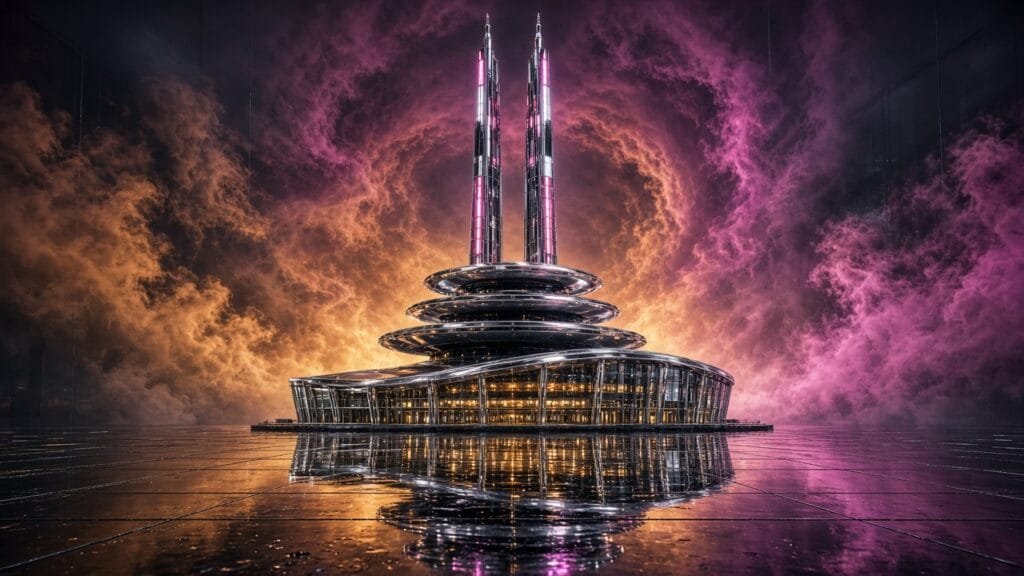 Moody 16:9 RCG gaming thumbnail of a chrome Makuhari expo hall silhouette with stacked metallic visitor-counter discs and LED broadcast antennas in amber-magenta typhoon smoke, no text or logos.