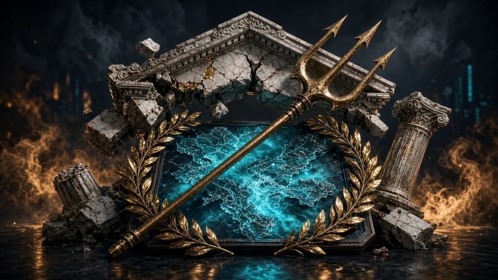 Moody 16:9 RCG gaming thumbnail of a cracked marble Greek pediment and bronze trident over a glowing olive-wreathed city map on dark stone with cyan amber smoke, no text or logos.