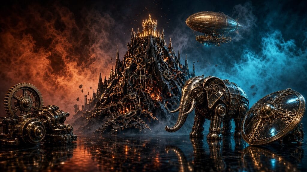 Moody 16:9 RCG gaming thumbnail of a tiny throne-fortress on a clockwork mountain with Automaton gears and a steam airship in lava-cyan light, no text or logos.