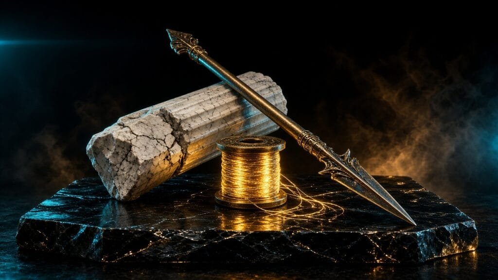 Moody 16:9 RCG gaming thumbnail of a cracked marble Greek column and bronze spear over a glowing golden fate-thread spool on dark obsidian with cyan amber smoke, no text or logos.