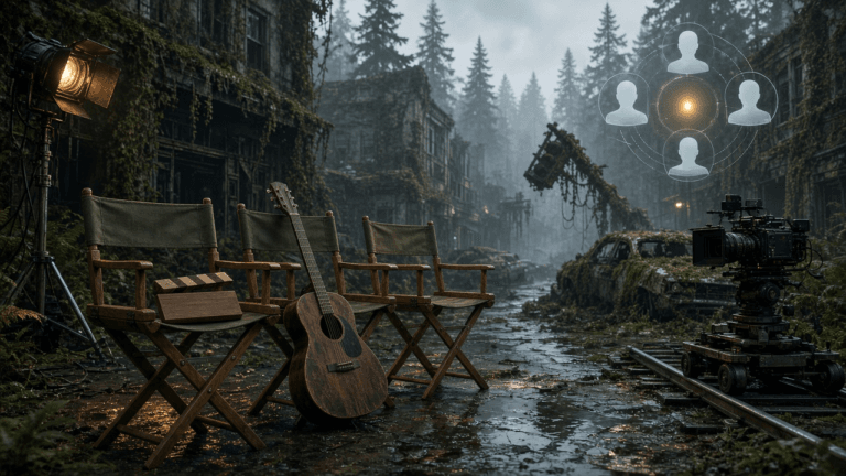 Three empty director's chairs, a worn guitar and a blank clapperboard sit on a rain-soaked, overgrown post-apocalyptic street set with film lights and a camera, while a glowing firefly hologram gathers three empty cast silhouettes.