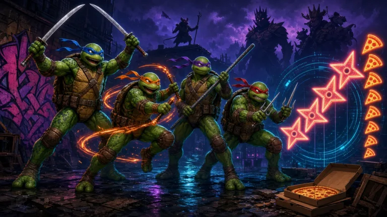 Four green turtle ninjas in blue, orange, purple and red masks strike a heroic pose on a neon wet rooftop, with glowing ninja-star and pizza-slice sales motifs rising beside them.