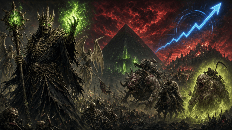A towering crowned skeletal necromancer king with glowing green magic stands before a black pyramid and undead legions, as a rat-ogre, wolf-cloaked knights and a bloated plague giant clash near a burning fortress under a blood-red sky with a blue rising-graph hologram.