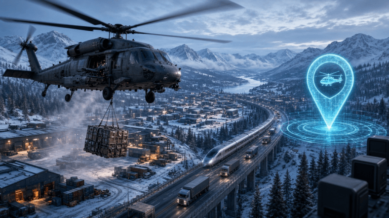 A cargo helicopter lifts crates over a snowy depot as a high-speed train and trucks cross an elevated bridge through a glowing sub-arctic valley town under a holographic map pin.