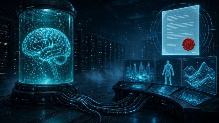 A giant glowing brain floats in a liquid tank in a dark server hall, wired by thick cables to monitors that are building wireframe cities, characters and terrain, beside a hologram of a wax-sealed legal document.