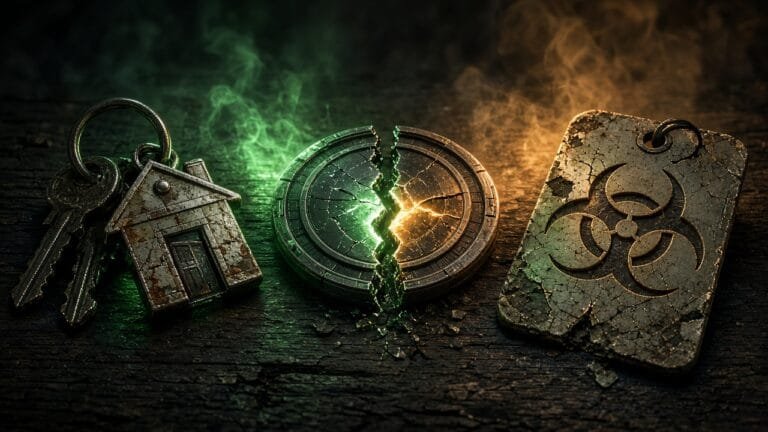 Moody 16:9 RCG gaming thumbnail of a homestead keyring and split corporate badge beside a cracked quarantine tag with green neon and amber smoke, no text or logos.
