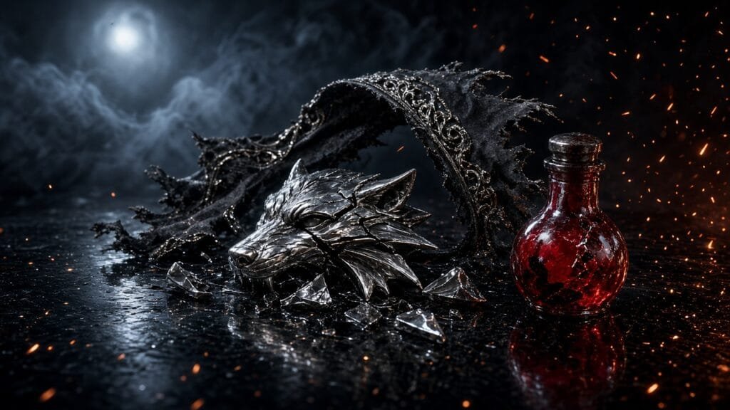 Moody 16:9 RCG comics thumbnail of a shattered silver wolf medallion and blood-red enamel vial on black lacquer in moonlight amber smoke, no text or logos.