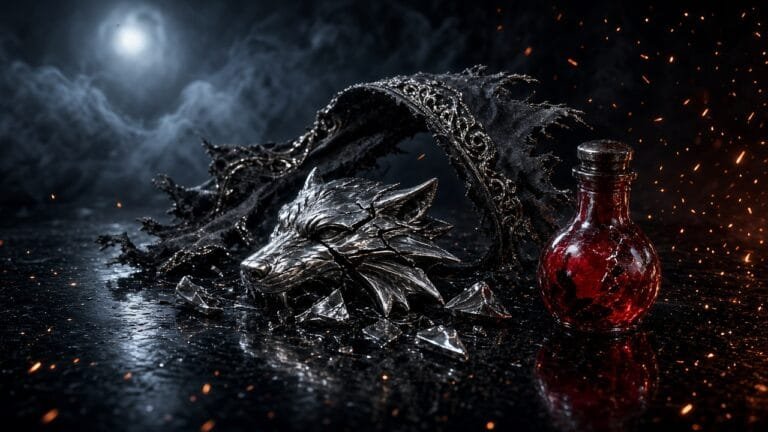 Moody 16:9 RCG comics thumbnail of a shattered silver wolf medallion and blood-red enamel vial on black lacquer in moonlight amber smoke, no text or logos.