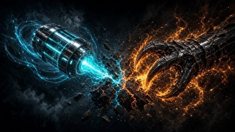 Moody 16:9 RCG comics thumbnail of a chrome Space Knight analyzer clashing with a jagged bounty-hunter claw over a fractured asteroid void, no text or logos.