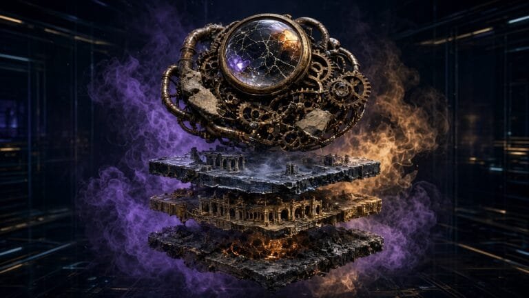 Moody 16:9 RCG gaming thumbnail of a fractured industrial memory-labyrinth diorama with occult brass gears, cracked monocle lens, and three biome tiles in violet-amber smoke, no text or logos.