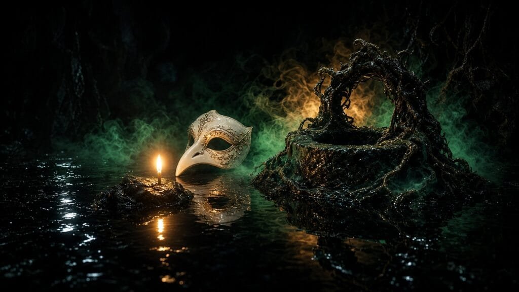 Moody 16:9 RCG gaming thumbnail of a glowing matchstick and porcelain bird mask beside a dark fairy-tale well in emerald amber smoke, no text or logos.