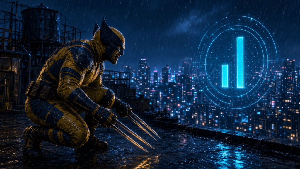 A stocky clawed brawler in a yellow-and-blue suit and pointed mask crouches snarling on a rainy Tokyo rooftop at night beside a glowing hologram chart with one short bar and one tall bar.