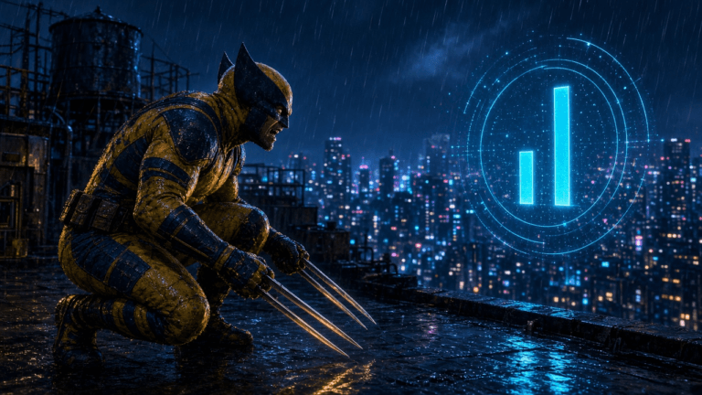 A stocky clawed brawler in a yellow-and-blue suit and pointed mask crouches snarling on a rainy Tokyo rooftop at night beside a glowing hologram chart with one short bar and one tall bar.