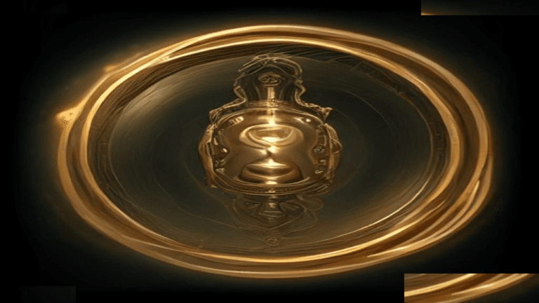 Moody 16:9 RCG comics thumbnail of a glossy golden hourglass-totem wrapped in spinning gold rings amid amber smoke, no text or logos.