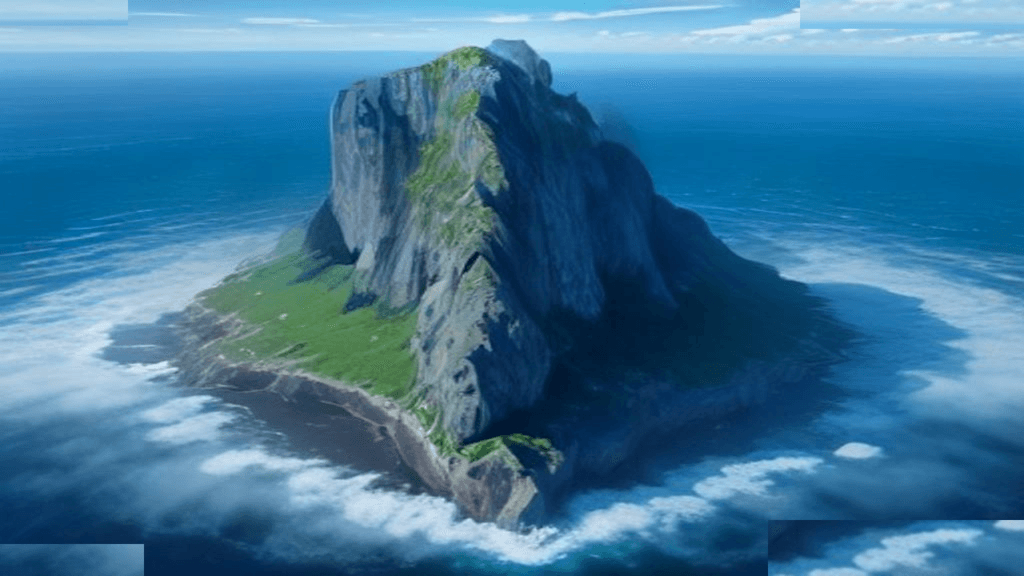 Moody 16:9 RCG gaming thumbnail of a solitary jagged sky-isle mountain ringed by cyan ocean mist, no text or logos.