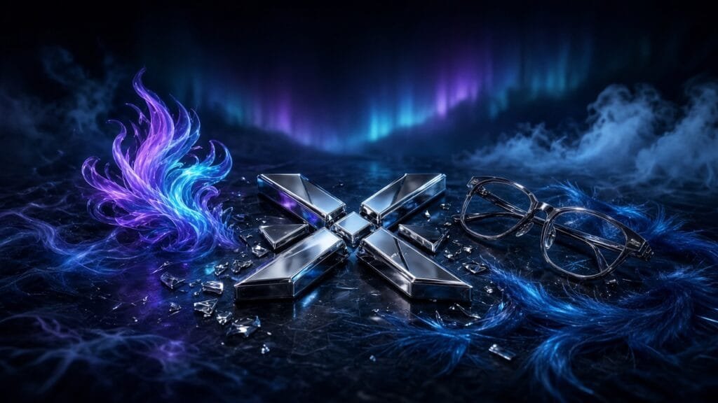 Moody 16:9 RCG comics thumbnail of shattered chrome X fragments, broken eyeglasses, blue metallic fur wisps, and a phoenix plume over Alaskan aurora smoke, no text or logos.