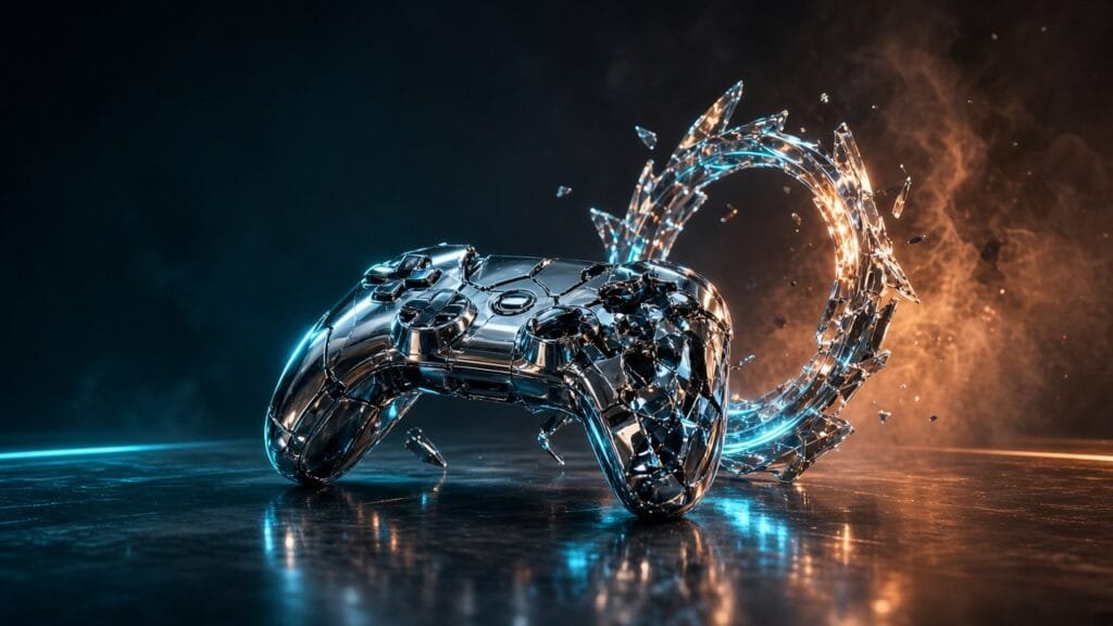 Moody 16:9 RCG gaming thumbnail of a fractured chrome controller shell and glowing halo-ring shard on dark glass with cyan amber smoke, no text or logos.