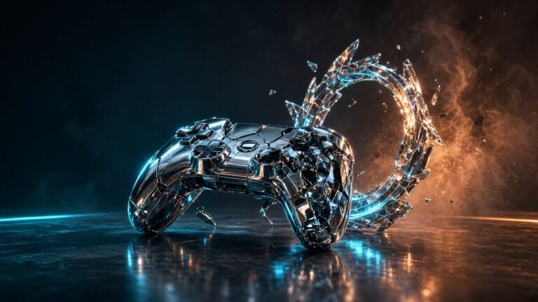 Moody 16:9 RCG gaming thumbnail of a fractured chrome controller shell and glowing halo-ring shard on dark glass with cyan amber smoke, no text or logos.