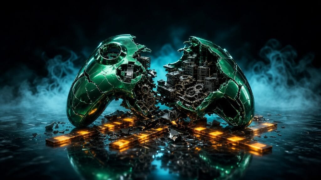 Moody 16:9 RCG gaming thumbnail of a cracked green-chrome controller shell spilling gears and studio silhouettes into cyan amber smoke, no text or logos.