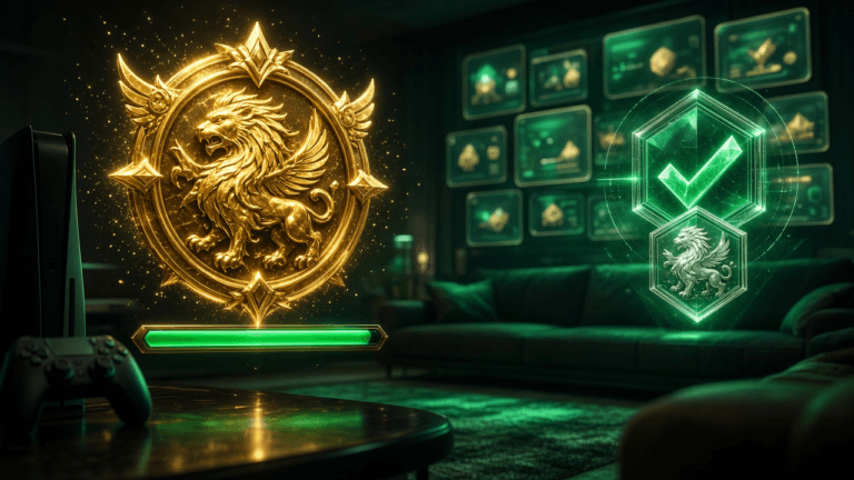 A glowing gold medallion with a winged-lion crest floats above a nearly full green progress bar in a dark living room lit by emerald dashboard panels, with a console and controller silhouette and a holographic checkmark frame.